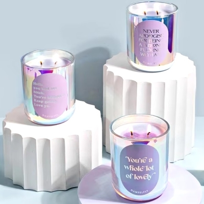 Luxury Empty 10oz 12oz 14oz Clear Iridescent Rainbow Glass Candle Jars With Lid And Boxes Packaging