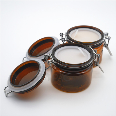 Stainless Steel Lock Amber Plastic Cosmetic Jars , PET Airtight Plastic Jar