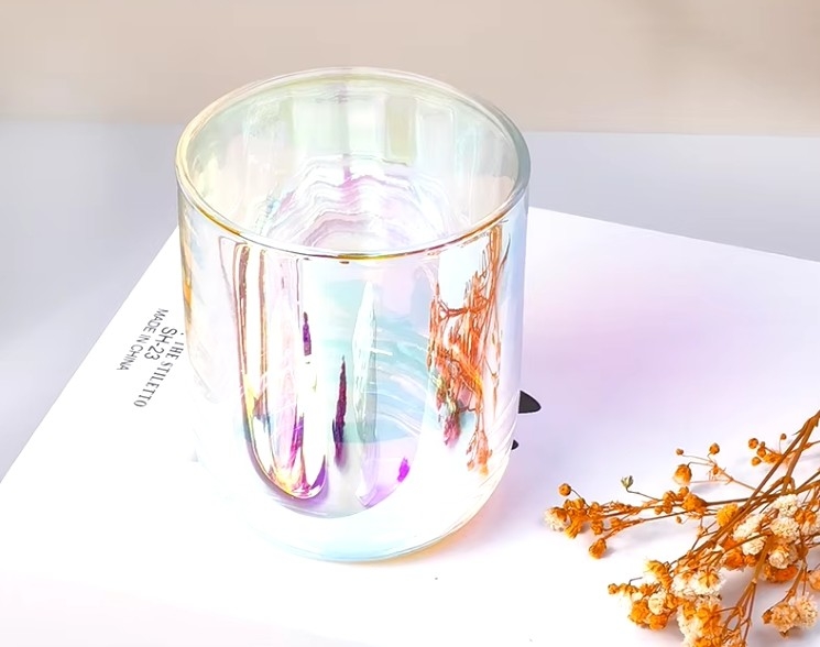 Luxury Empty 10oz 12oz 14oz Clear Iridescent Rainbow Glass Candle Jars With Lid And Boxes Packaging