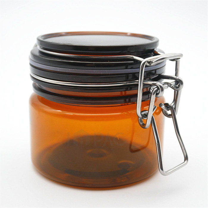 Stainless Steel Lock Amber Plastic Cosmetic Jars , PET Airtight Plastic Jar